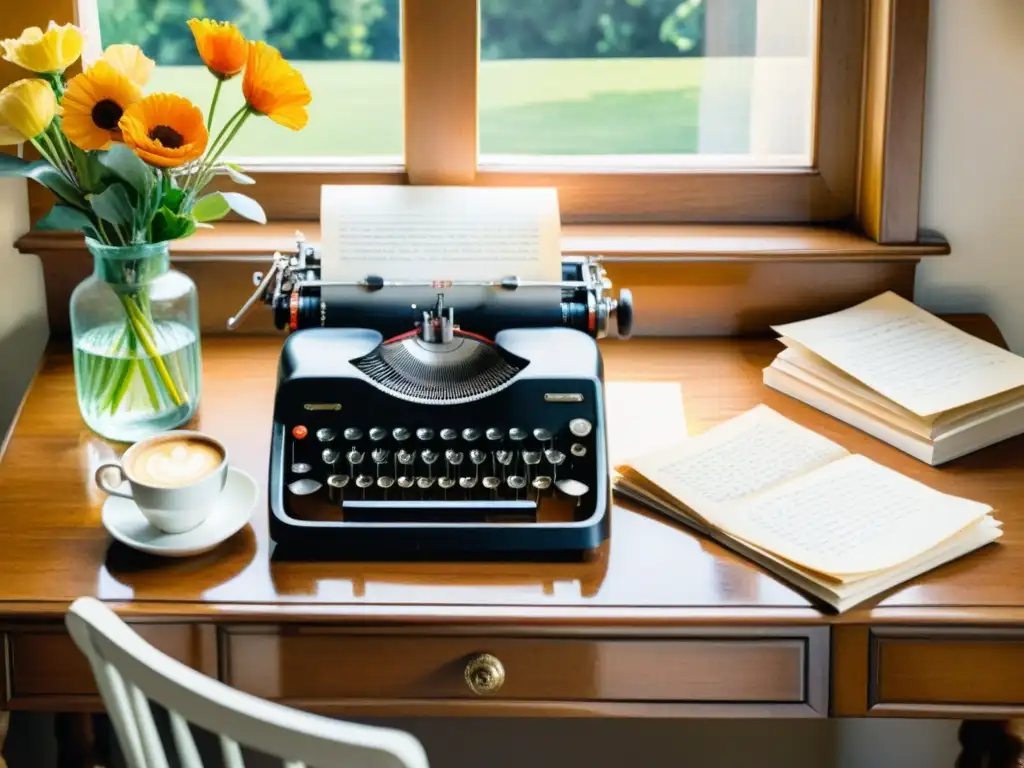 Acuarela detallada de un escritorio vintage con máquina de escribir, poesía y café