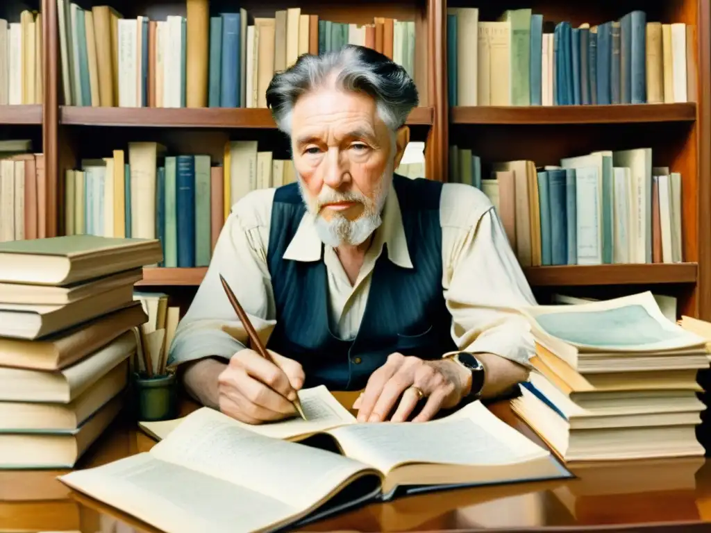 Una acuarela detallada de Ezra Pound en su escritorio, rodeado de libros y papeles, con una expresión concentrada