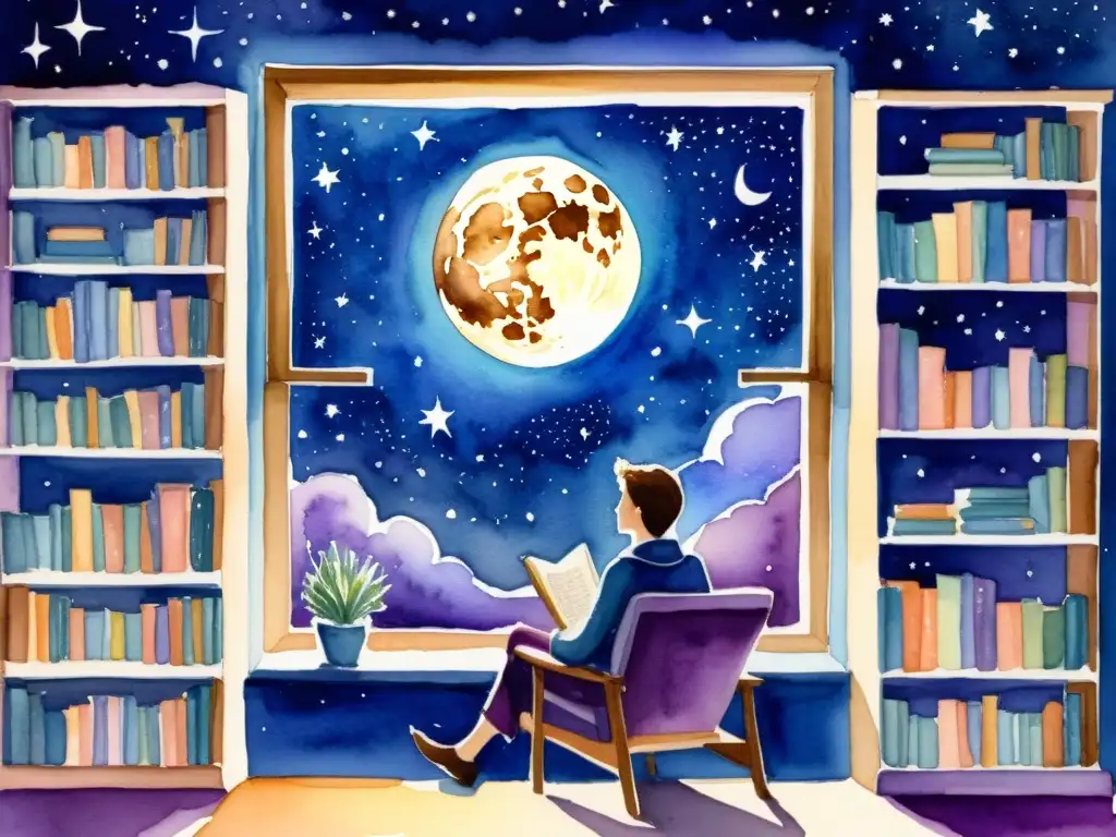 Retrato acuarela: Figura solitaria contemplando la noche estrellada Acuarela detallada de una figura solitaria en ventanal, contemplando el cielo estrellado entre libros, en un ambiente cálido