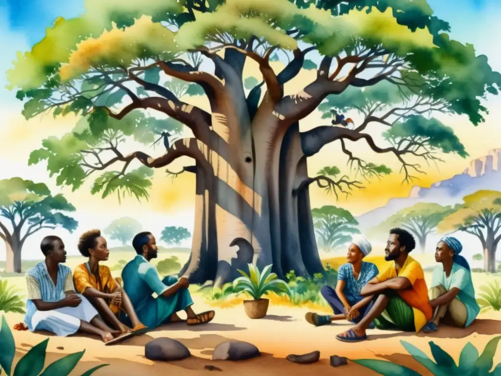 Una acuarela detallada en 8k retrata a un grupo de poetas africanos bajo un baobab, inmersos en vibrante naturaleza