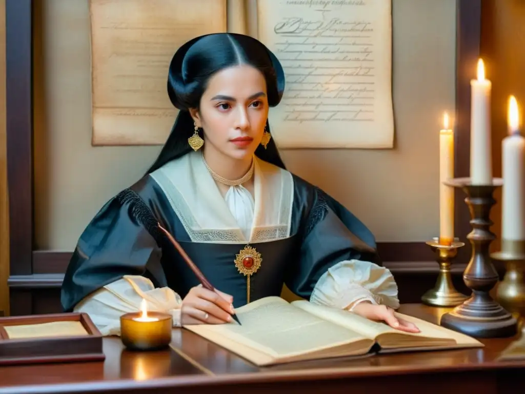 Una acuarela detallada de Sor Juana Inés de la Cruz en su escritorio, rodeada de plumas, tinteros y pergamino