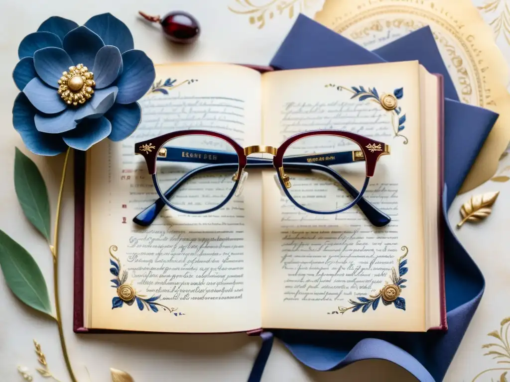 Acuarela detallada: lentes de lectura sobre libro de poesía, rodeados de motivos florales en tonos índigo, burdeos y oro