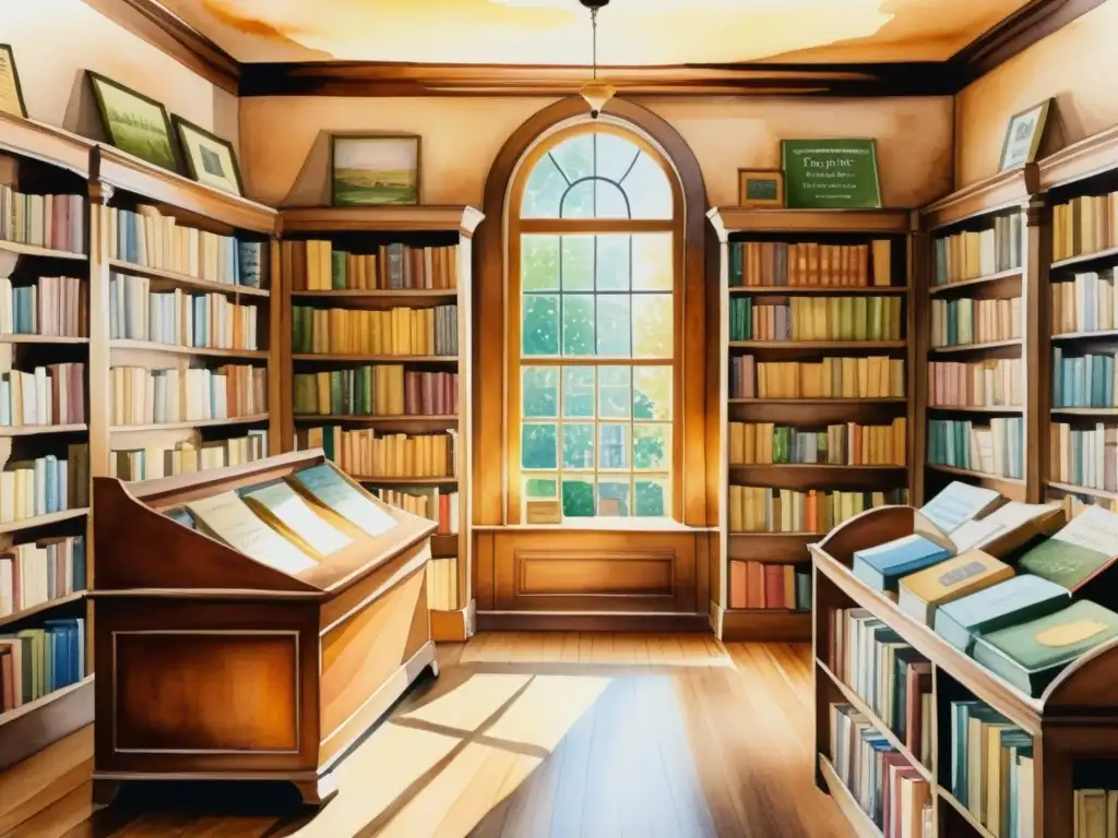 Acogedora librería de poesía: acuarela detallada Una acuarela detallada de una librería antigua llena de libros raros de poesía como colección