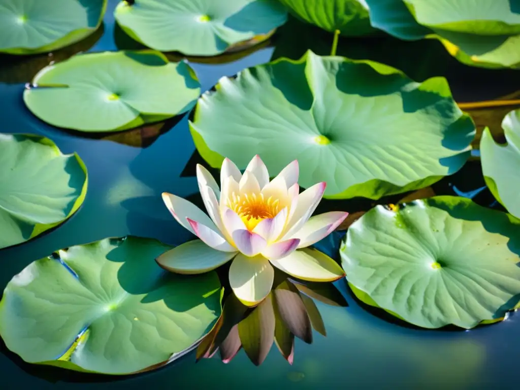 Una acuarela detallada de un loto en flor en un estanque sereno, rodeado de hojas verdes y pétalos rosados