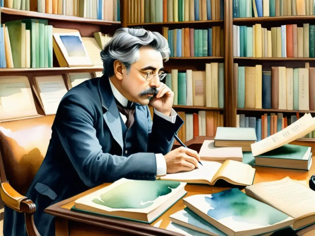 Una acuarela detallada del maestro del simbolismo poético, Stéphane Mallarmé, contemplando la belleza de la poesía en su escritorio rodeado de libros y papeles, con una expresión pensativa