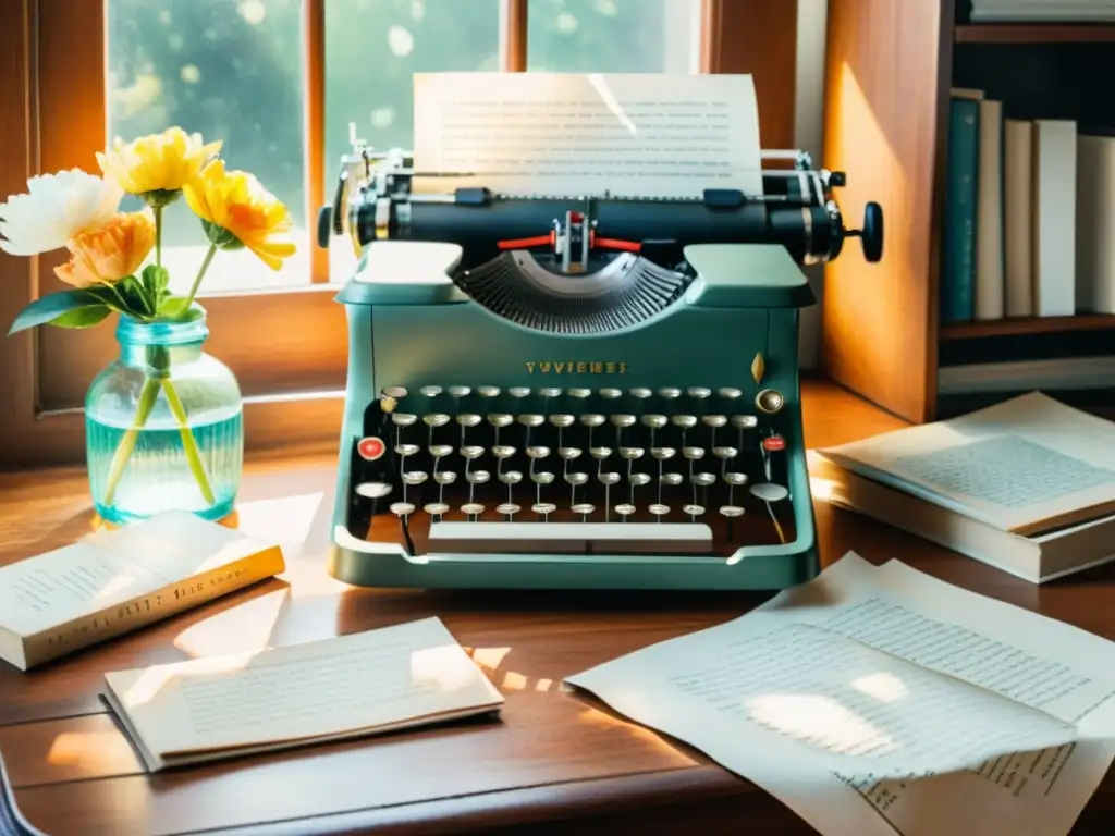 Una acuarela detallada de una máquina de escribir vintage rodeada de poesía, café y flores frescas, bañada por la cálida luz del sol