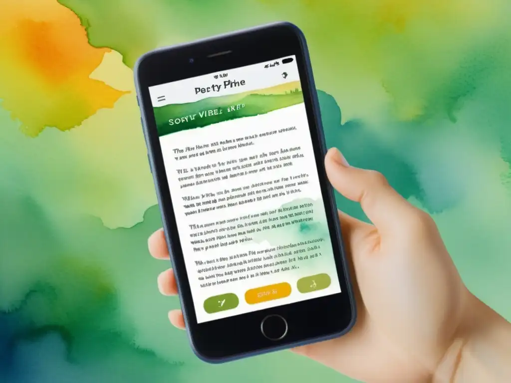 Acuarela detallada de app poesía en móvil con técnicas poéticas y naturaleza inspiradora