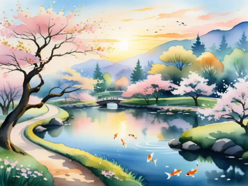 Acuarela 8k de parque con cerezos en flor y estanque de koi Acuarela detallada en 8k de un parque sereno con árboles de cerezo en flor, senderos y estanque con peces koi