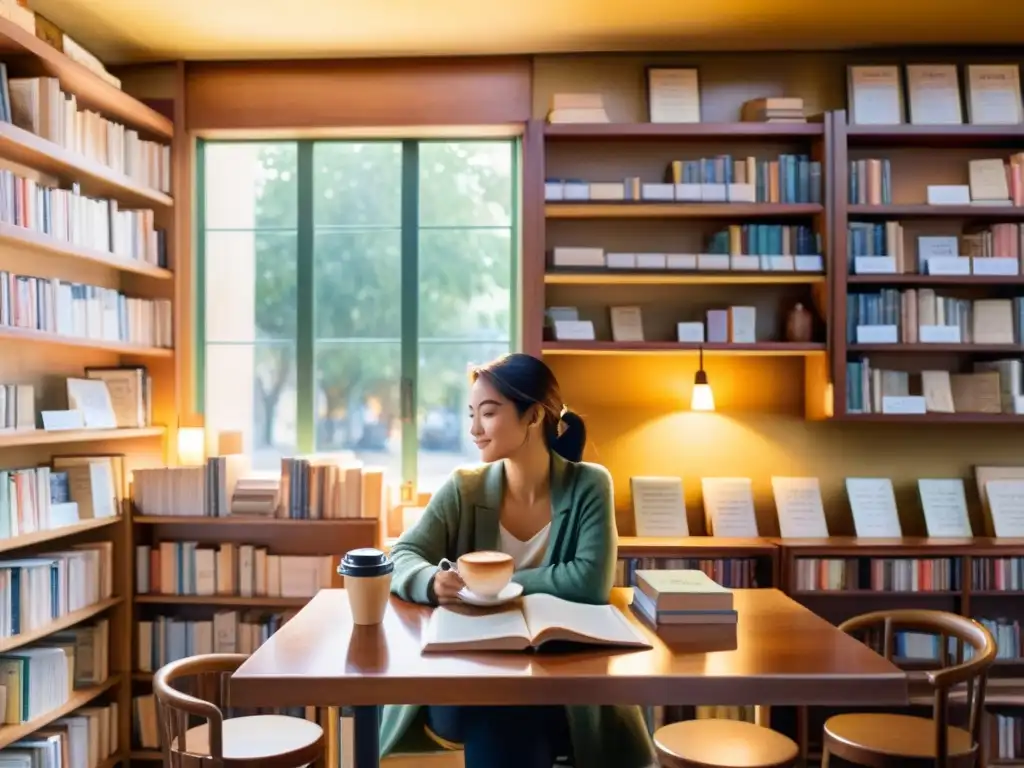 Una acuarela detallada muestra a una persona en un acogedor café, rodeada de estanterías de libros y una taza de café humeante en la mano