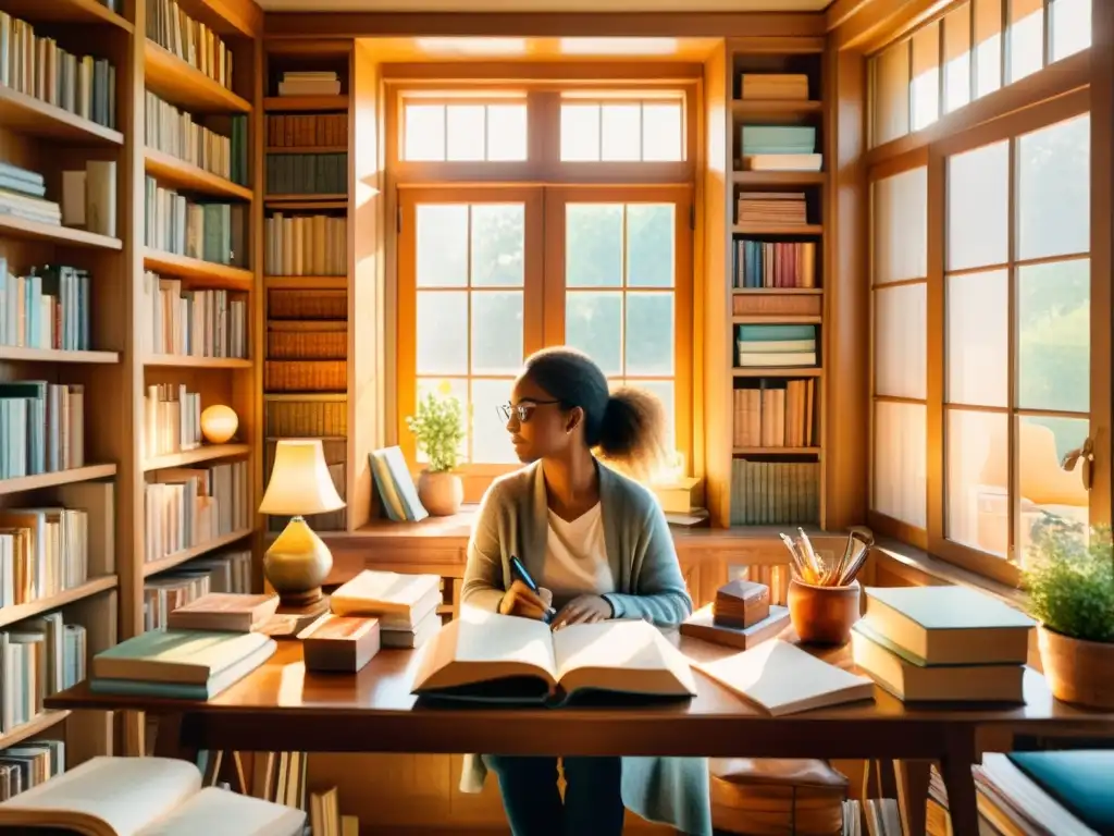 Una acuarela detallada muestra a una persona en un ambiente acogedor y soleado, rodeada de libros y útiles de escritura