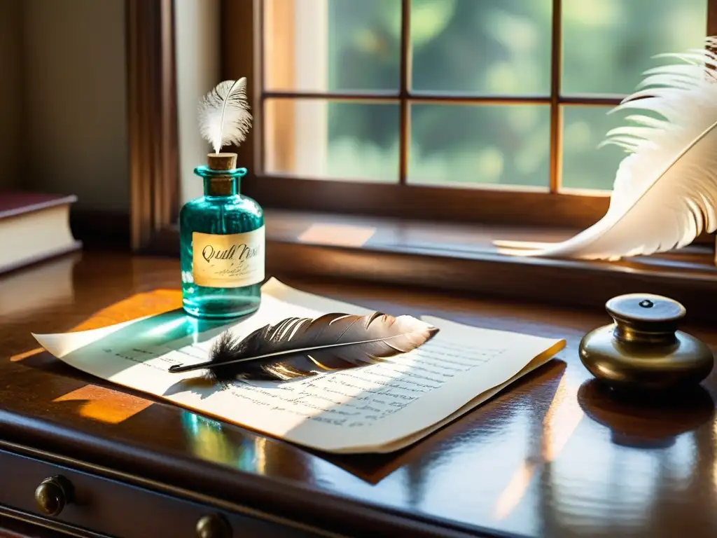 Una acuarela detallada de una pluma de ave y tintero reposando en un escritorio vintage, iluminados por una suave luz natural que entra por la ventana, creando un ambiente cálido y acogedor para cualquier aspirante a poeta o escritor