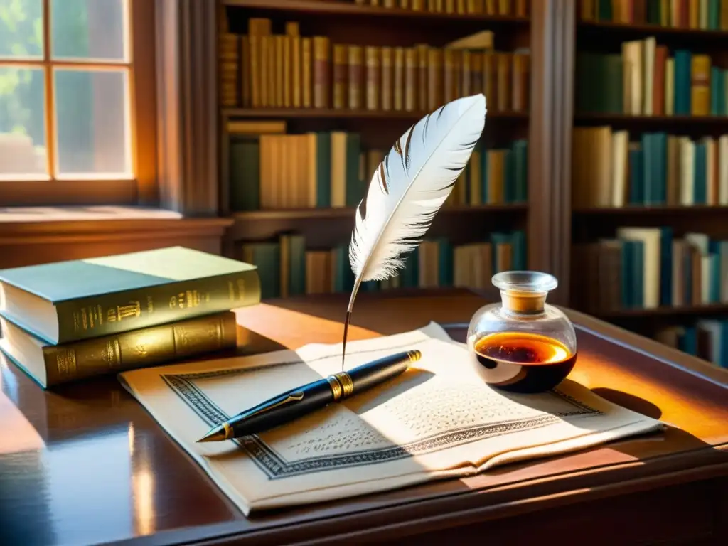 Una acuarela detallada de una pluma tradicional y tintero, en una biblioteca soleada llena de libros antiguos