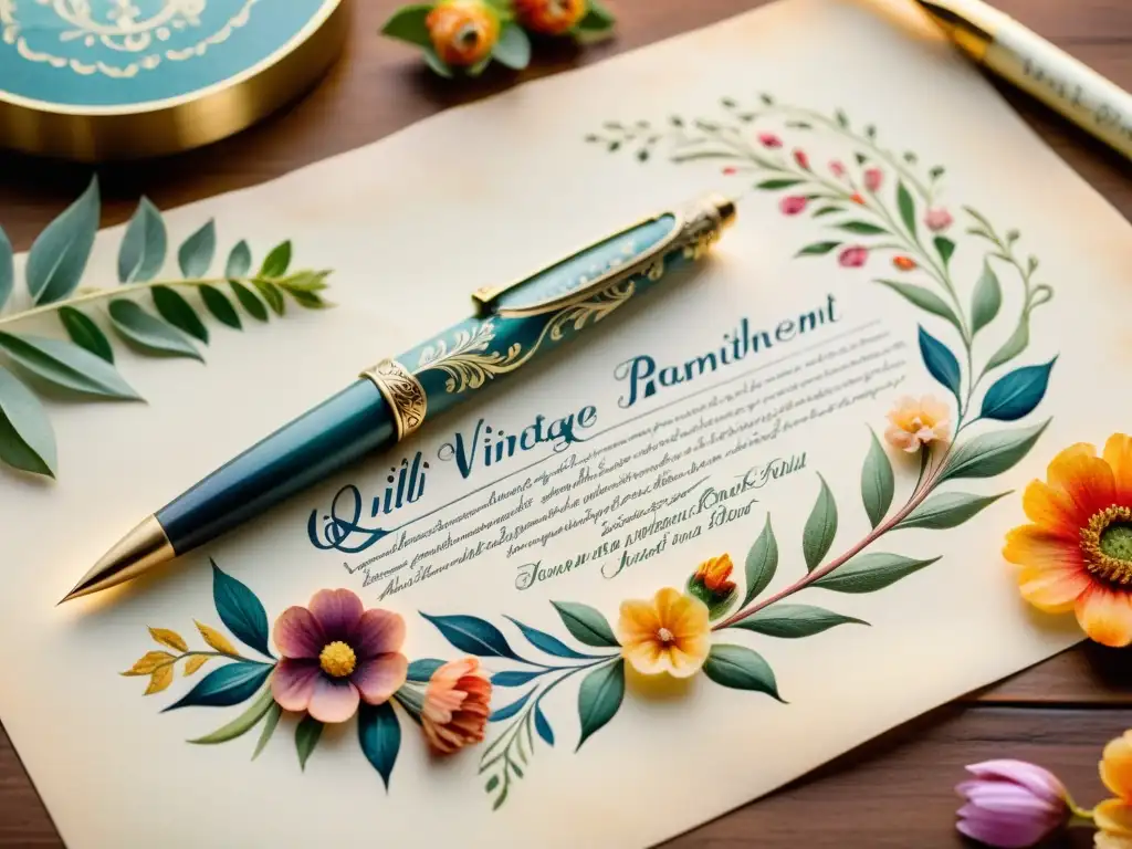 Una acuarela detallada de una pluma vintage escribiendo poesía en pergamino, rodeada de motivos florales vibrantes