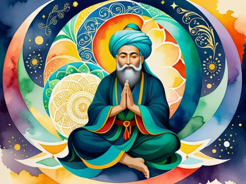 Acuarela detallada de Rumi escribiendo poesía, rodeado de patrones y colores vibrantes, capturando la esencia del Sufismo y la mística poesía persa