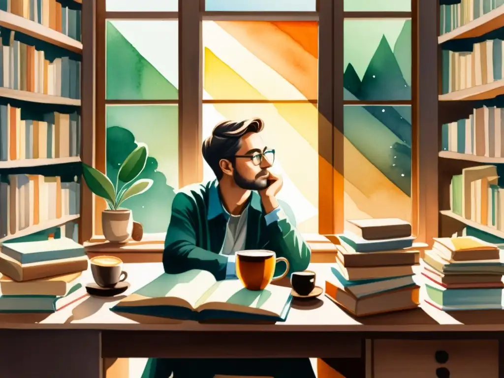 Una ilustración en acuarela detallada de un poeta reflexivo rodeado de libros, con una taza de café, mirando por la ventana