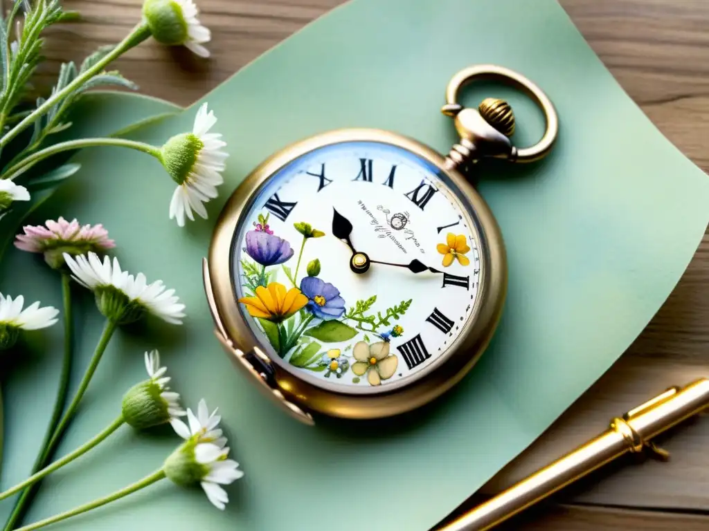 Una acuarela detallada de un reloj de bolsillo vintage entre flores silvestres, con versos entrelazados