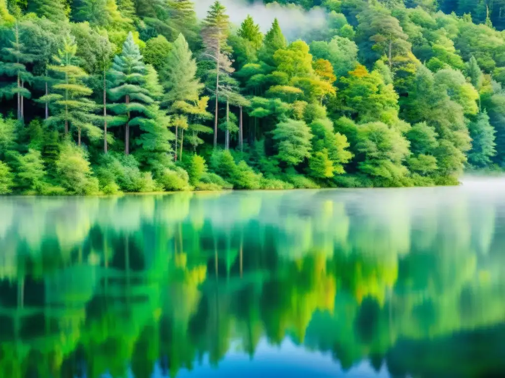 Pintura acuarela: Bosque sereno y lago cristalino Una acuarela detallada de un sereno bosque reflejado en un lago, con colores vibrantes y uso de paradojas en poesía