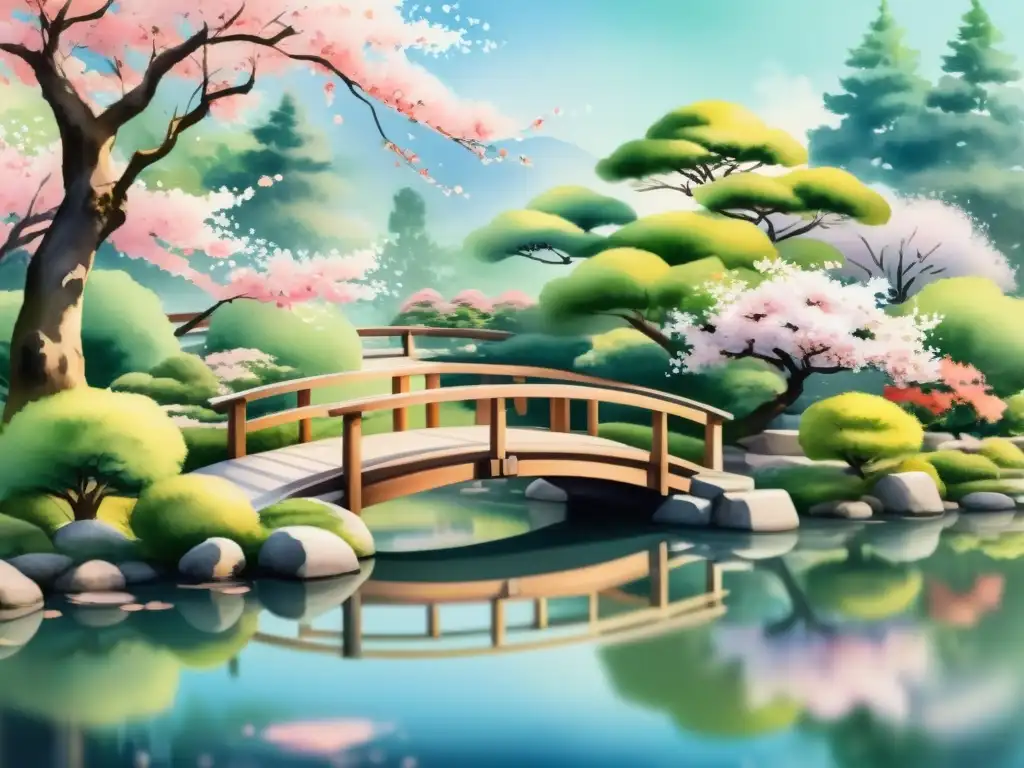 Una acuarela detallada de un sereno jardín japonés con un puente de madera cruzando un estanque rodeado de vibrantes árboles de cerezo
