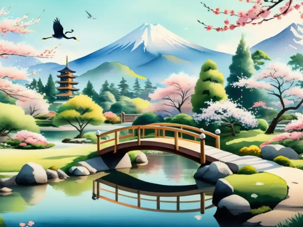 Acuarela detallada 8k de un sereno jardín japonés con puente de madera sobre estanque, cerezos en flor y grulla en vuelo