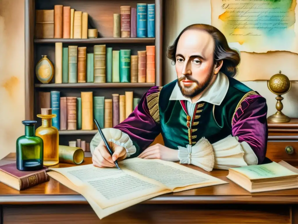 Una acuarela detallada de William Shakespeare escribiendo un soneto en un escritorio, rodeado de pergamino y botellas de tinta