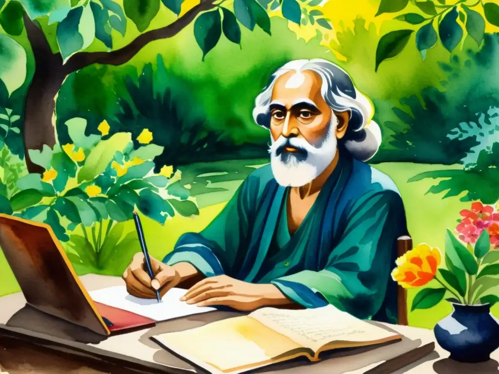 Una acuarela detallada de Tagore escribiendo poesía rodeado de vegetación exuberante y flores vibrantes