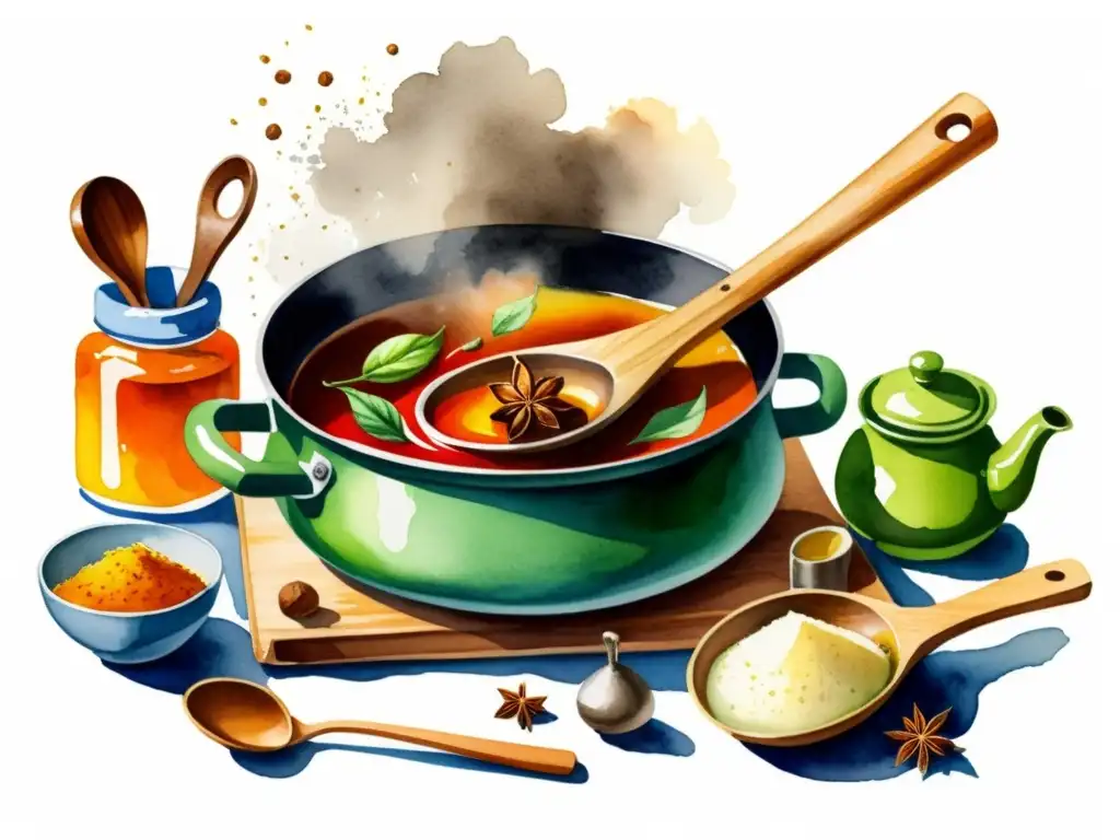 Una ilustración en acuarela de una escena de cocina evocadora, fusionando gastronomía poética en diferentes culturas con utensilios y aromas vibrantes