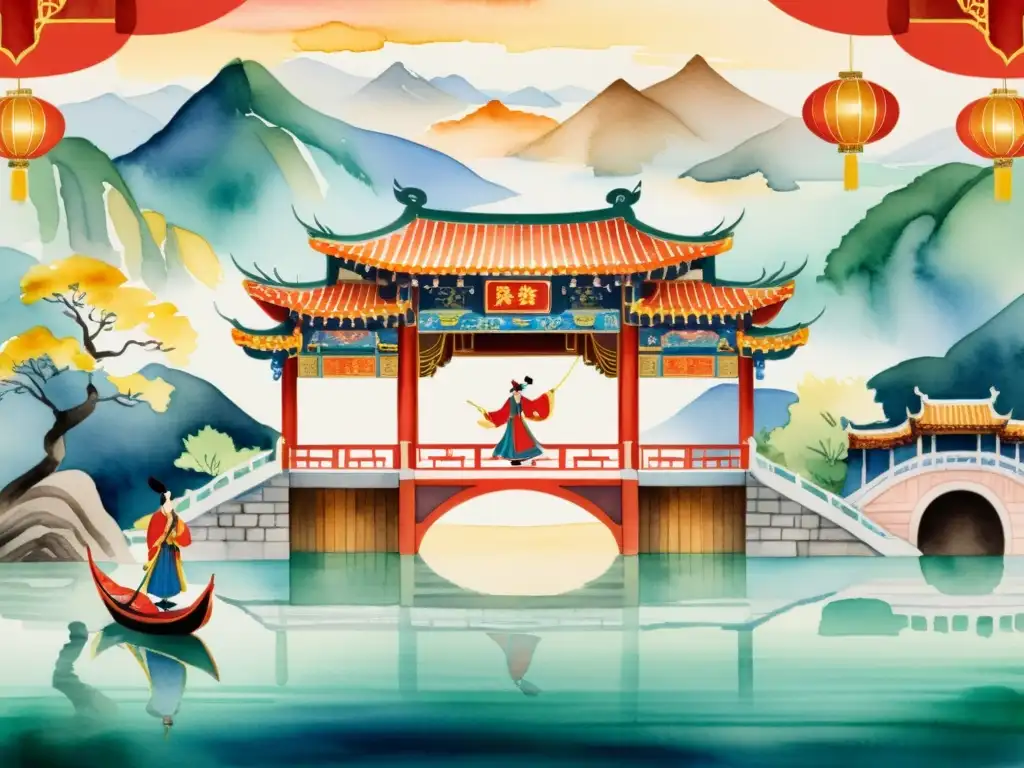 Una ilustración en acuarela de un escenario de ópera china tradicional, con arquitectura de madera intrincada, detalles en rojo y dorado, y artistas con trajes elaborados, capturando un momento poético entre personajes y la riqueza cultural de la narrativa poética en óper