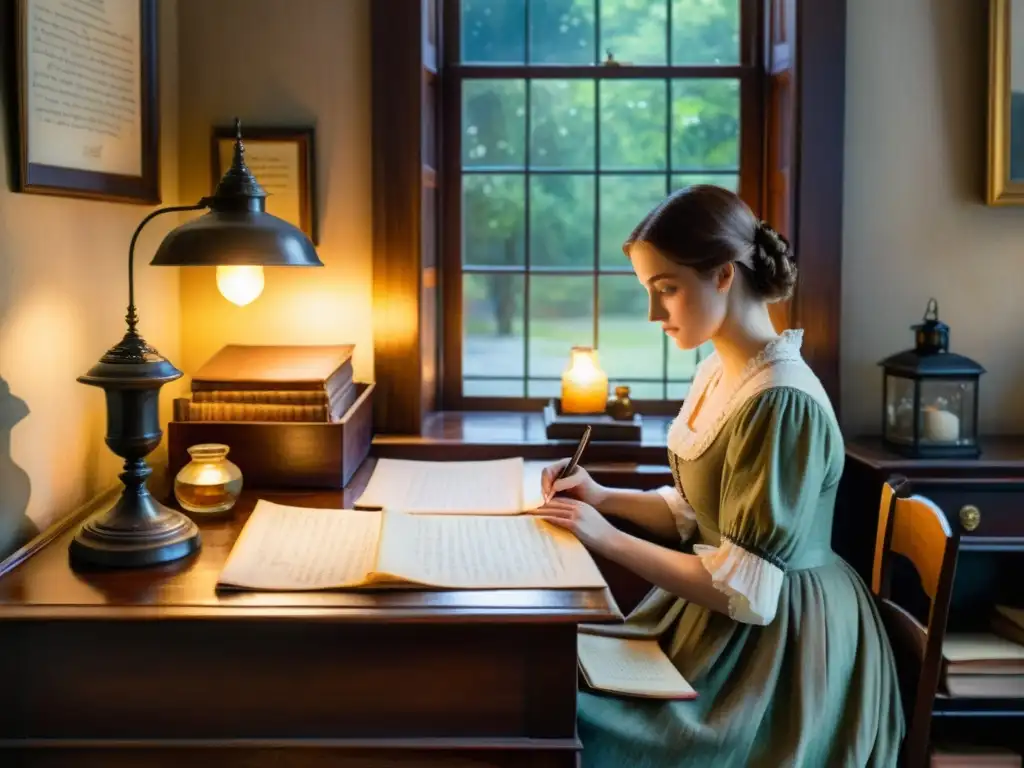 Una acuarela de una estudio victoriano tenue con escritura de poesía y una lámpara de aceite, evocando la poesía en la era victoriana