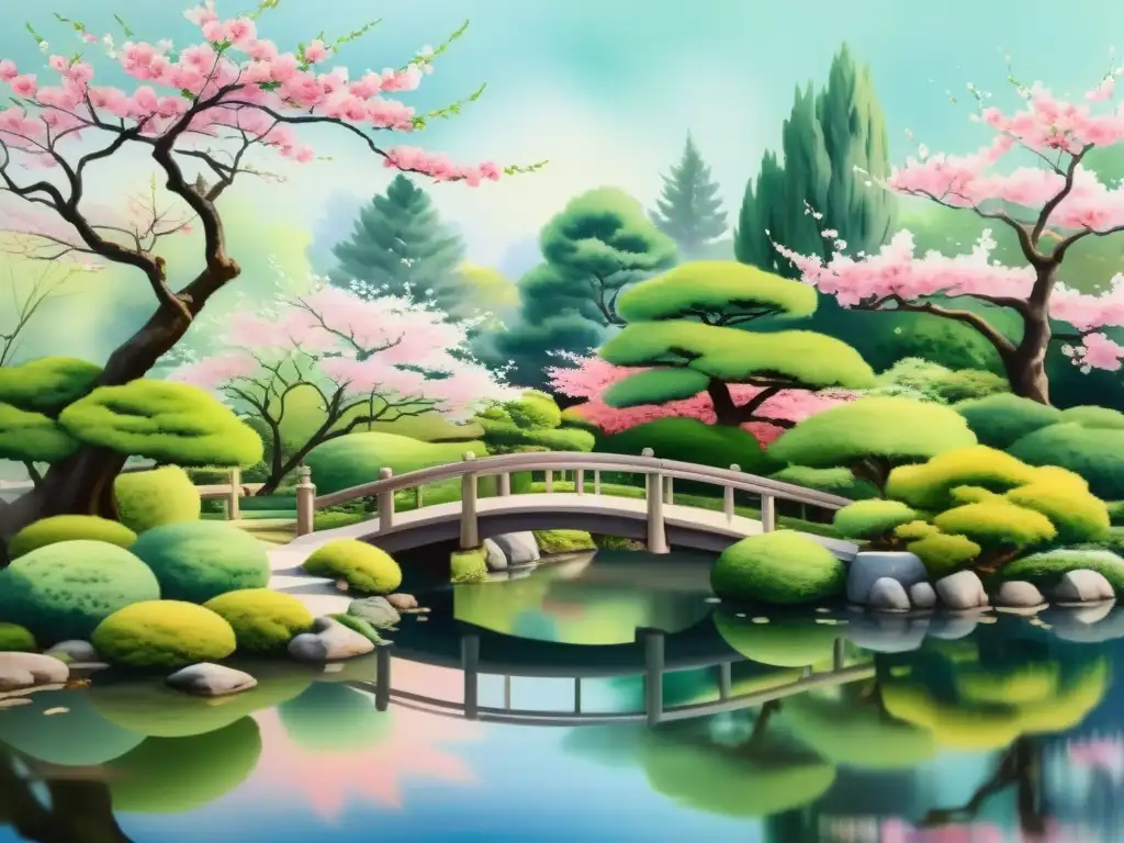 Una acuarela exquisita de un jardín japonés tradicional con un árbol de cerezo en plena floración, reflejando una poesía japonesa traducida épocas