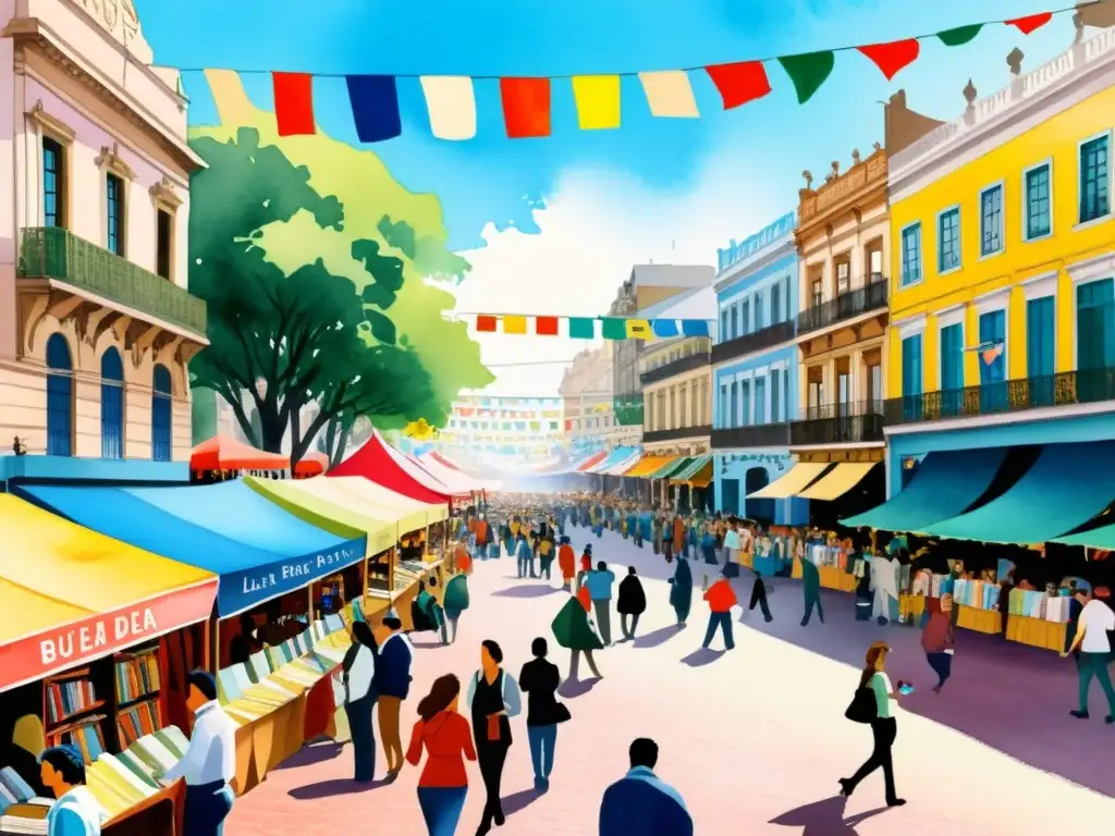 Una ilustración en acuarela de la Feria del Libro de Buenos Aires, con riqueza poética y cultural en cada detalle