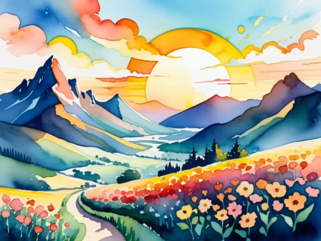 Una ilustración en acuarela impactante de un sol gigante poniéndose sobre un paisaje tranquilo y exageradamente vasto, con montañas imponentes, flores enormes y un cielo descomunalmente expansivo lleno de colores