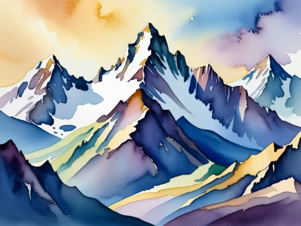 Una ilustración en acuarela de una imponente cordillera, con picos exagerados que evocan grandiosidad