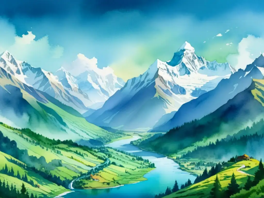 Una ilustración en acuarela impresionante de la majestuosa cordillera del Himalaya, con colores vibrantes que retratan los verdes valles exuberantes, picos nevados y cielos azules despejados