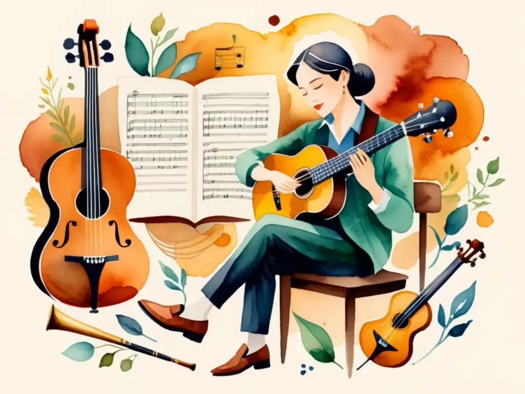 Una ilustración en acuarela impresionante de un poeta rodeado de instrumentos musicales, capturando el efecto musicalidad poesía lector en tonos cálidos y detalles expresivos