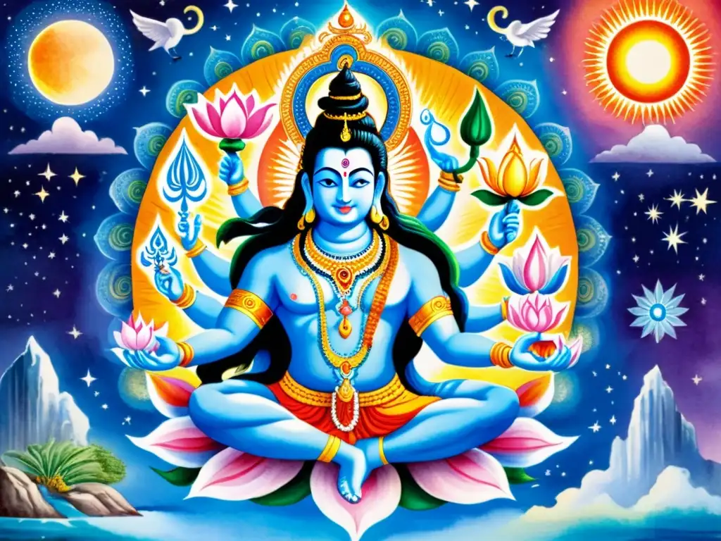 Una acuarela intrincada de las deidades hindúes Shiva, Vishnu y Brahma, rodeados de seres celestiales y criaturas míticas, con colores vibrantes y detalles elaborados que representan sus atributos divinos y simbolismo