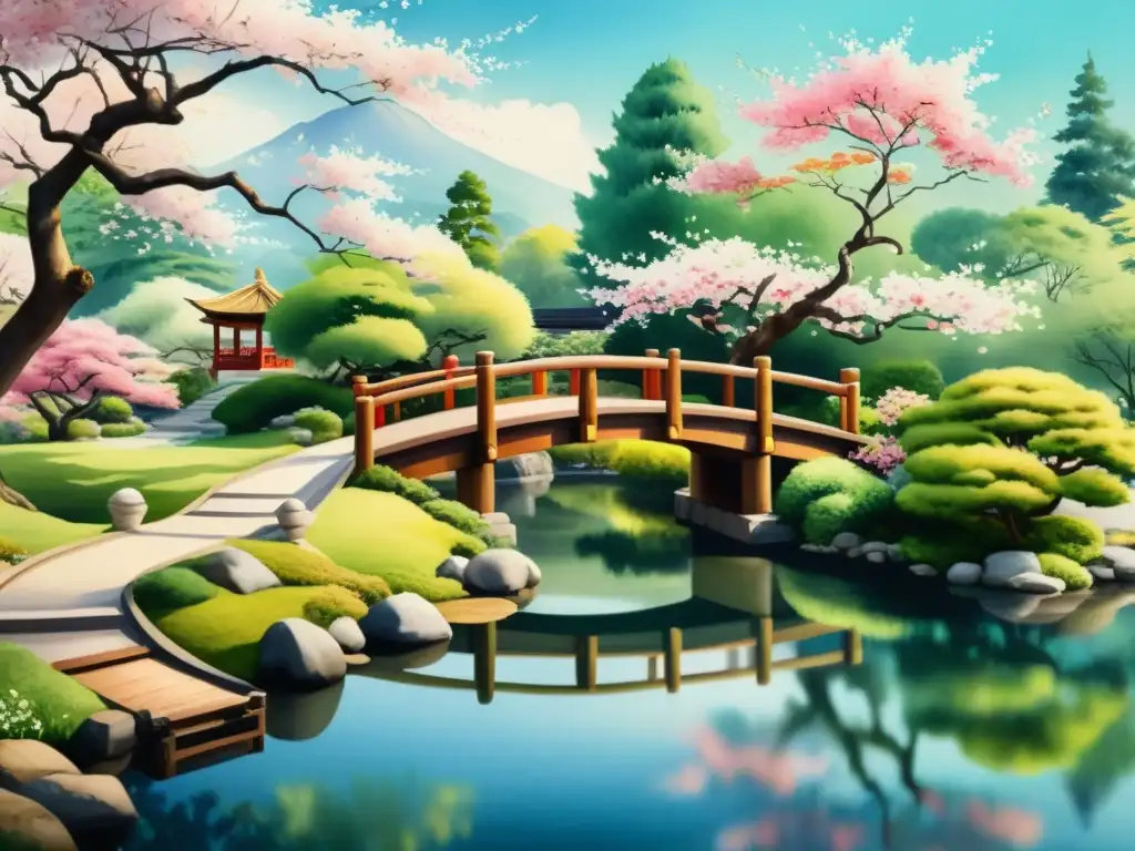 Acuarela de jardín japonés con puente de madera y cerezos en flor, evocando estilos poesía medieval japonesa