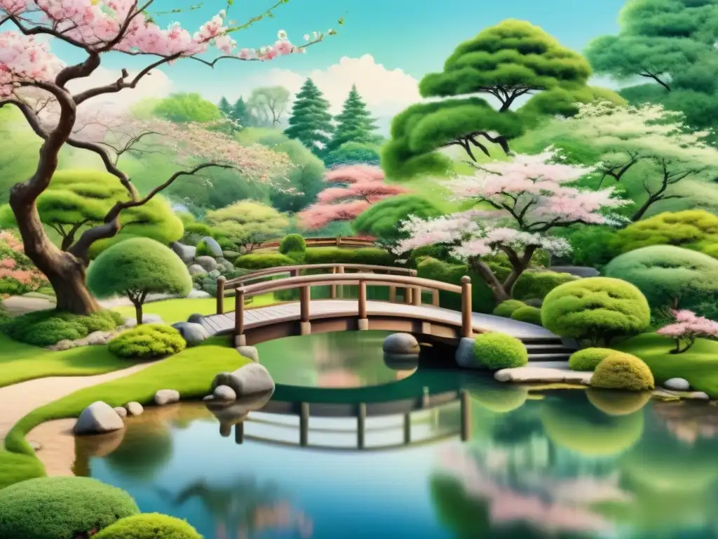 Acuarela de jardín japonés con puente de madera y flores de cerezo, capturando la influencia de la poesía oriental en Occidente