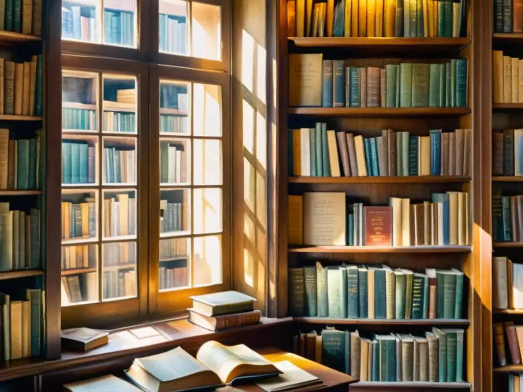 Acuarela de librería de libros de poesía Un acuarela de una librería antigua iluminada con libros raros de poesía como colección, evocando nostalgia y serenidad