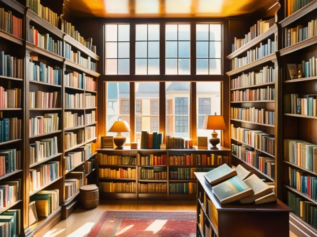 Acuarela de una librería antigua con libros raros de poesía, iluminada por el cálido sol