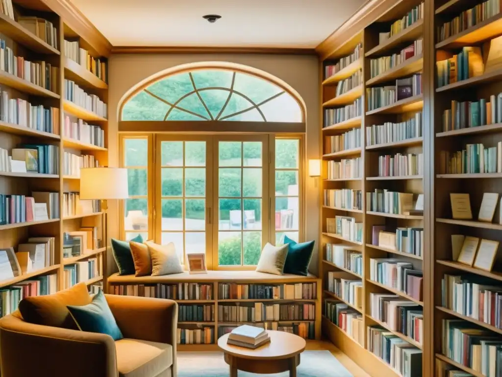 Una acuarela de una librería llena de libros de poesía, con una cálida luz natural