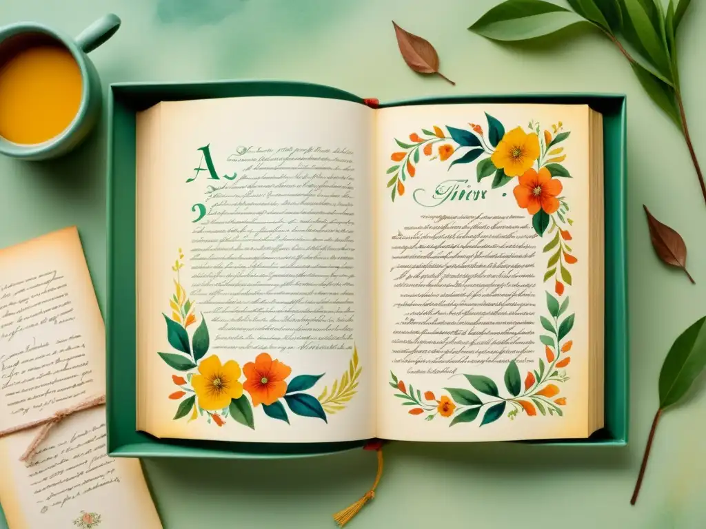 Acuarela de un libro antiguo con autógrafo poético rodeado de motivos florales, evocando la búsqueda de autógrafos en primeras ediciones