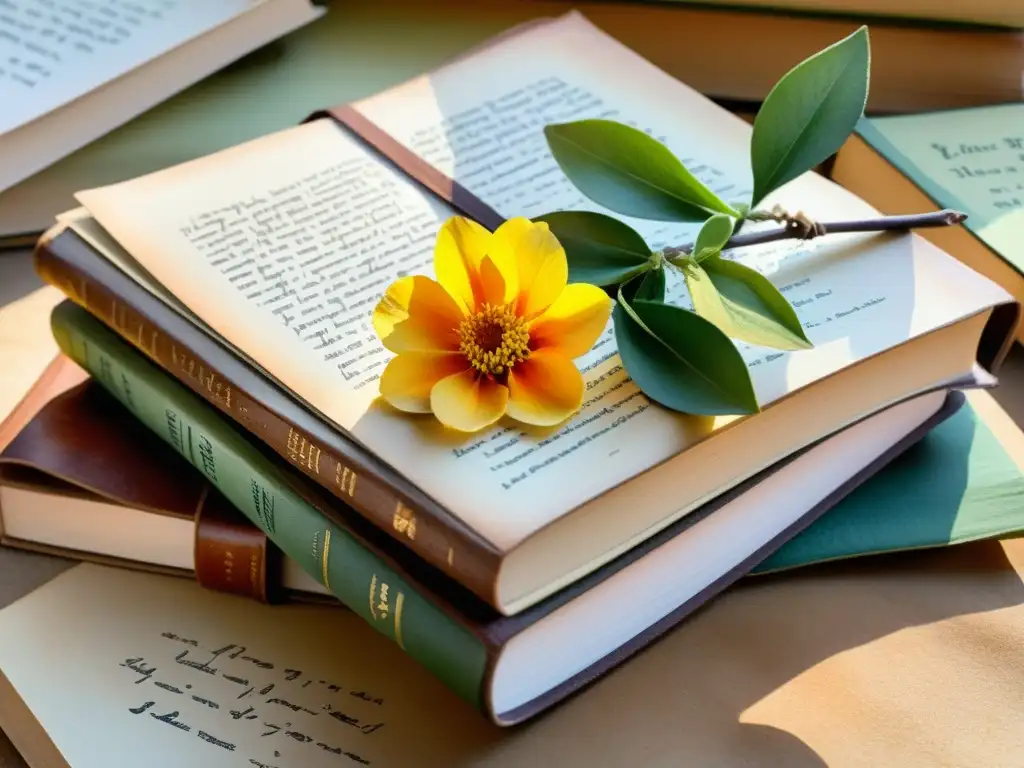 Una acuarela de libros poéticos envejecidos con flores vibrantes entre las páginas, bañados por la luz solar