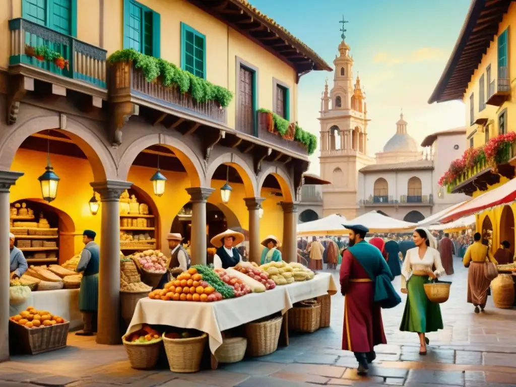 Acuarela de mercado del Siglo de Oro con poetas, vendedores y arquitectura ornamentada