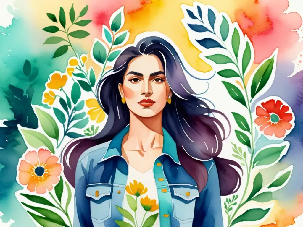 Una ilustración en acuarela de una mujer fuerte y determinada, rodeada de flores y follaje vibrantes