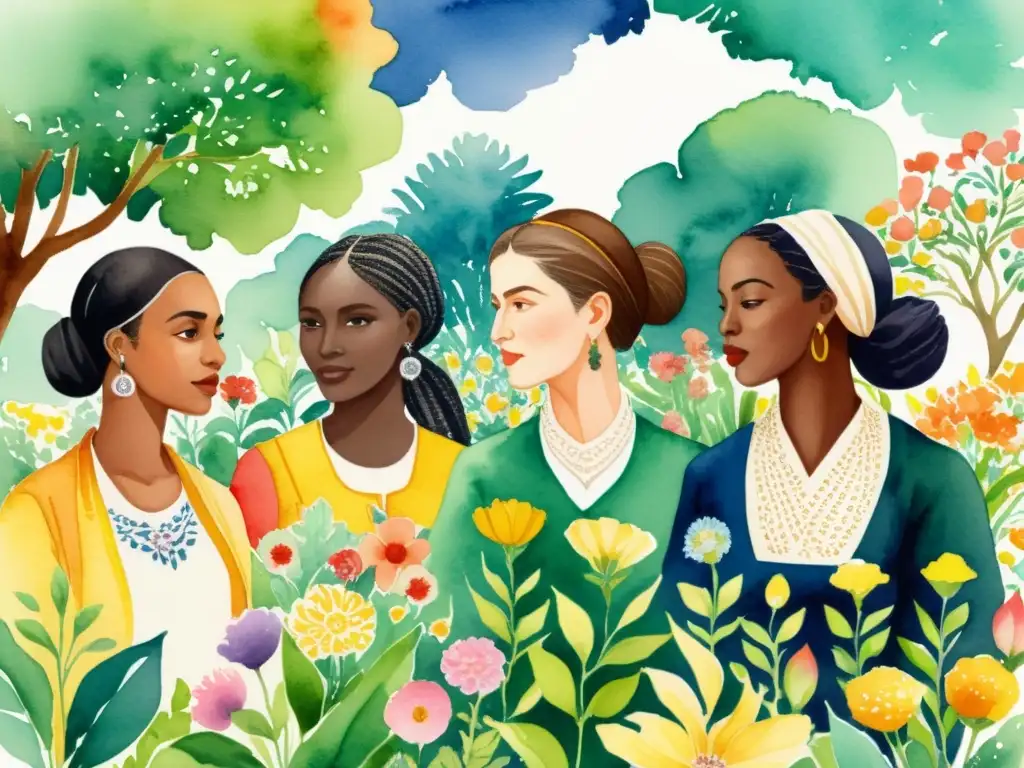 Acuarela de mujeres poetas de diversas culturas y épocas en un jardín vibrante, simbolizando la diversidad y belleza de la poesía femenina