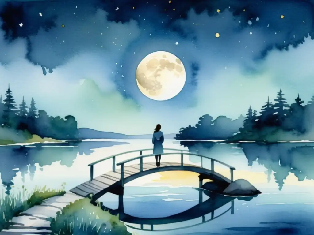 Una ilustración en acuarela de una noche serena y con luna, donde una figura contempla la luna llena reflejada en el agua tranquila