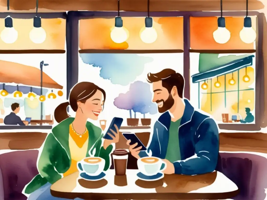 Una acuarela de pareja en café íntimo, compartiendo versos románticos amor moderno en su smartphone, sonriendo y conectados