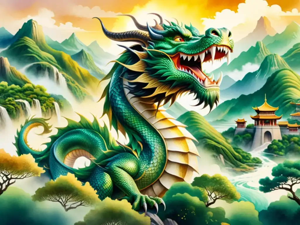 Dragón majestuoso en paisaje chino: acuarela épica Una ilustración en acuarela de un poderoso dragón surcando un paisaje chino antiguo, inspirando la grandeza de la Antología Poemas Épicos Chinos