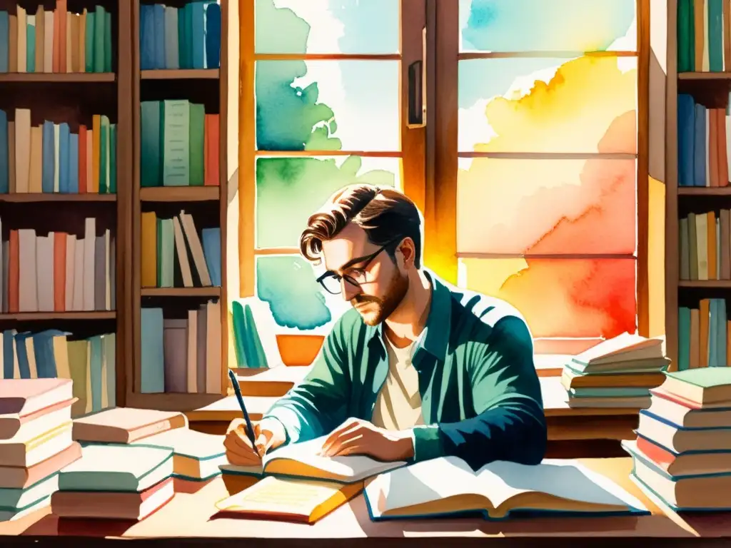 Una ilustración en acuarela de un poeta sentado en un escritorio, rodeado de pilas de libros y escribiendo en un cuaderno