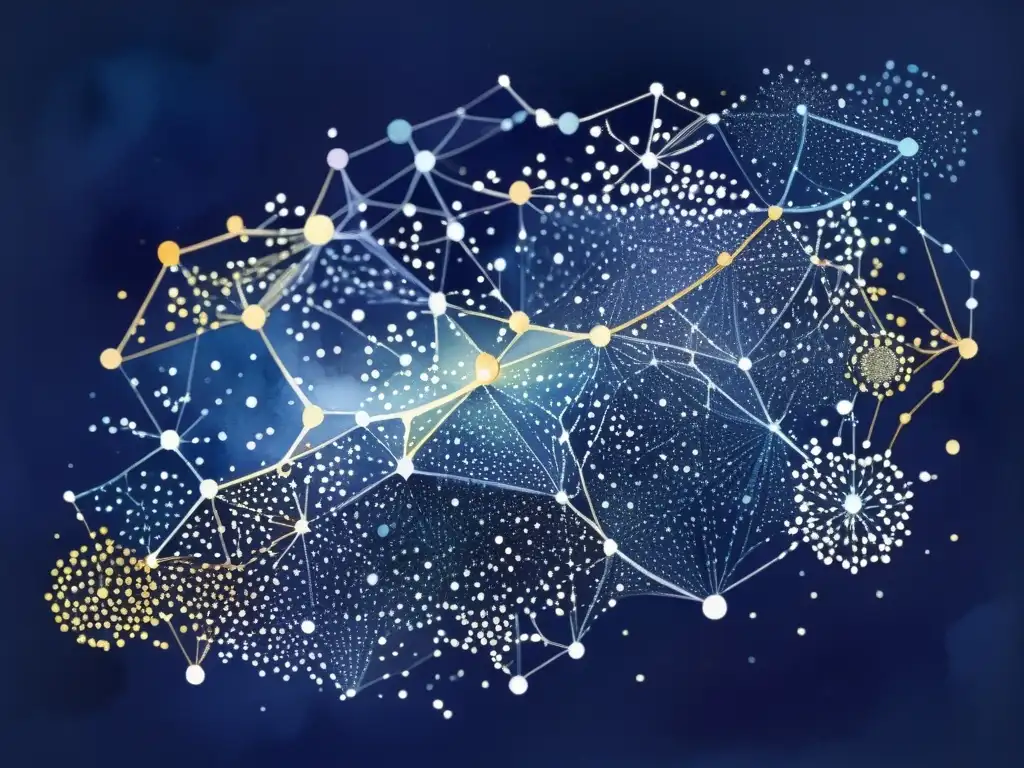 Una ilustración en acuarela de una red intrincada de puntos de datos, semejante a una constelación de estrellas sobre un fondo índigo